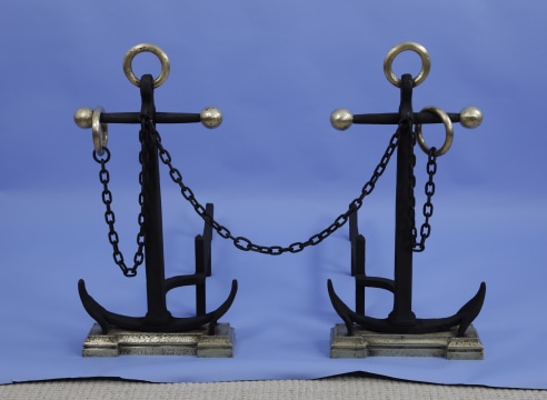 Monumental Cast Iron and Bronze Andirons in the Form of Anchors with Chain, American Last Quarter 19th Century