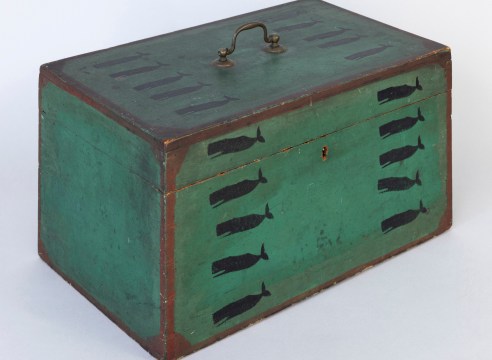 American &quot;Whale Log&quot; Painted Pine Document Box with Brass Bail Handle Escutcheon Mounted on top, American Mid-19th Century.