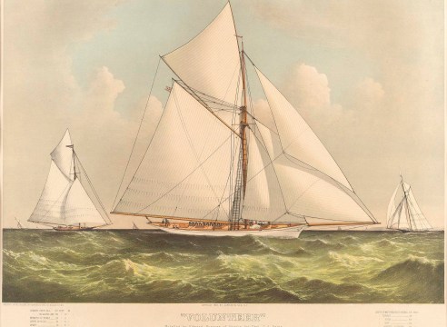CURRIER &amp; IVES HAND-COLORED LITHOGRAPH OF THE 1887 AMERICA'S CUP DEFENDER &quot;VOLUNTEER&quot;