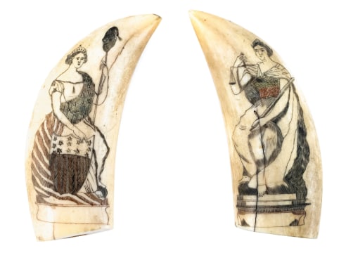 PAIR OF POLYCHROME &quot;LIBEERTY and JUSTICE &quot;SCRIMSHAW WHALE'S TEETH Mid-19th Century