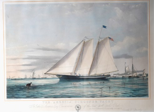 Colored Lithograph titled &quot;The American Schooner Yacht&quot; after AW Brierly