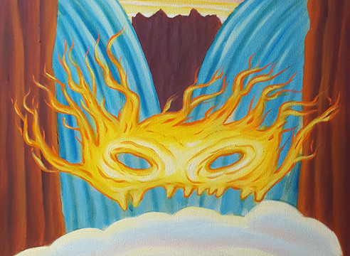 David Sandlin, detail of oil painting showing eye-mask of flames
