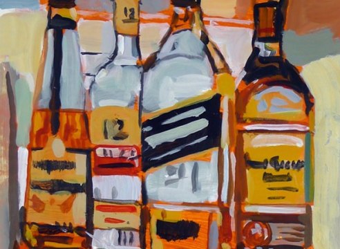 walter robinson liquor bottles on shelf, acrylic on paper