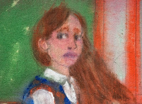 danny licul, detail of painting of young girl in school classroom