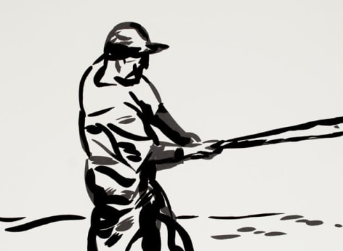 raymond pettibon, detail of a drawing of a baseball player, ink on paper