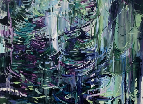 An abstract painting featuring vibrant pink and dark green colors, creating what looks like a tornado in a storm.