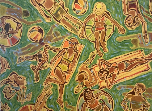 A painting of various people lounging in a pool on innertubes and pool floats, depicting an aerial view of a crowd in a pool or ocean