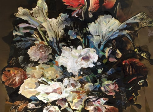 Oil painting depicting a pink bouquet of flowers.