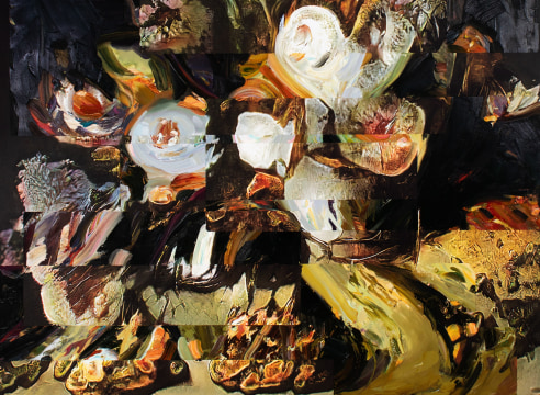 Oil painting depicting a pink bouquet of flowers.