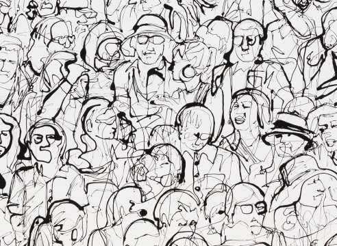 A painting of various people lounging in a pool on innertubes and pool floats, depicting an aerial view of a crowd in a pool or ocean