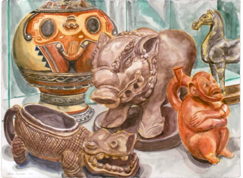 Philip Pearlstein watercolor showing Thai piggybank, crocodile, monkey, vase, and horse