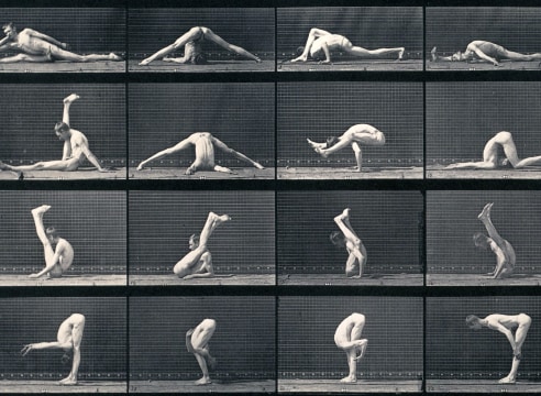 Sequence of black and white photographs showing a contortionist assuming various poses while wearing a loincloth.