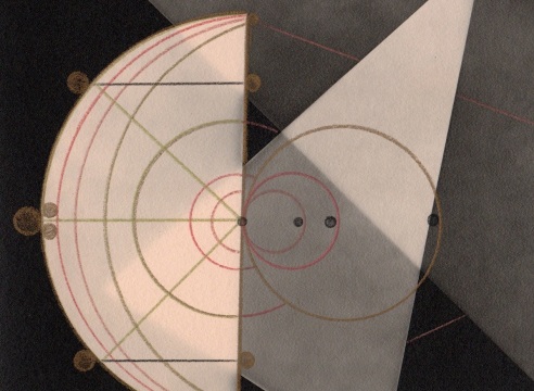 Abstract image of triangles and semi-circles, with red and gold drawing. 