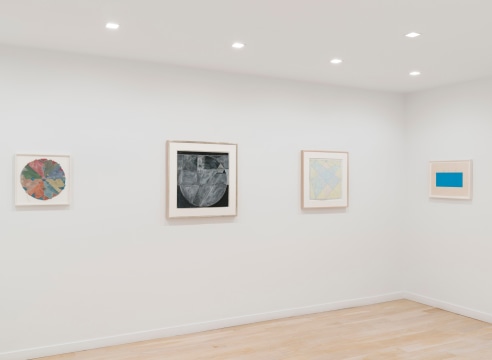 installation view with various framed works