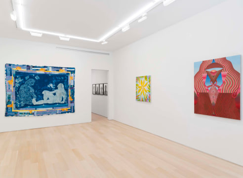 installation view in a white room with various objects