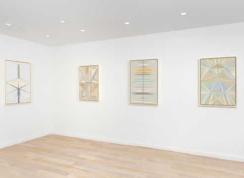 installation view with 4 geometric abstract paintings