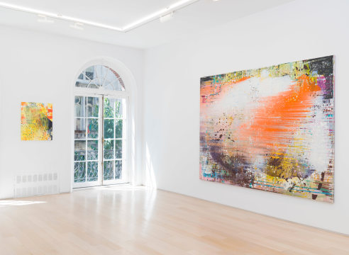 installation view with two large paintings on a white wall