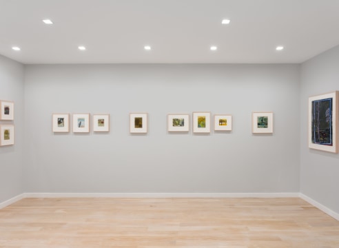 Installation view of Tom Fairs colored drawings of landscapes