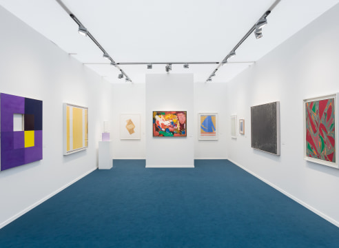 installation view of various abstract paintings at Frieze Masters London