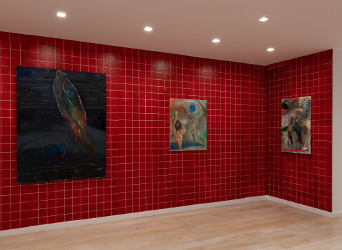 installation view of bird paintings