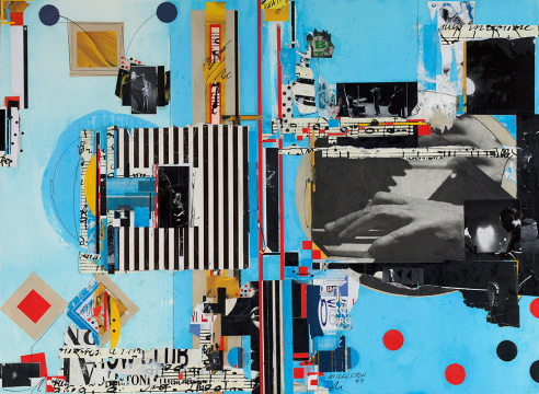 Sam Middleton, Untitles, 1989 Mixed media collage, 30-1/2 x 41 inches, Signed and dated center right. Abstract work with primary colors, geometric spheres, triangles and lines and cut out photographs. Sam Middleton was one of the leading 20th-century American artists, and is a mixed-media collage artist