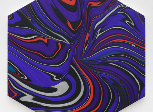Andy Moses, Geodesy 1208, 2018, Acrylic on canvas, 60 inches in diameter, Abstract and representational painting with red and blue waved lines, Andy Moses is interested in pushing the physical properties of paint through chemical reactions, viscosity interference, and gravity dispersion to create elaborate compositions that mimic nature and its forces.