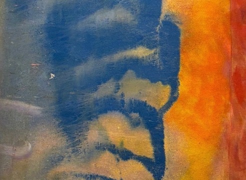 Frank Bowling, Fair Maid, 2009, Acrylic on canvas  68 x 25 inches, Abstract vertical painting with outlined spheres. Frank Bowling is interested in abstract paintings that use a color palette from his home country of Guyana.