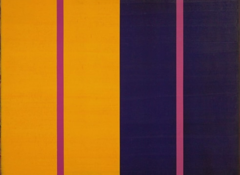 Steven Alexander, Reverb 9, 2018, Oil and acrylic on linen, 72 x 48 inches, Signed and titled on the verso, Vertical rectangles in yellow, lilac, orange and blue, Steven Alexander is an American artist who makes abstract paintings characterized by luminous color, sensuous surfaces and iconic configurations.