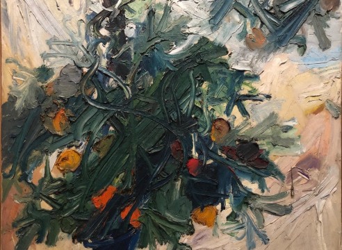 Manoucher Yektai, Tomato Plant, 1959, Oil on canvas, 42” x 48”,   signed and dated lower right SOLD. Abstract piece with vibrant paint strokes in hunter green, navy blue and cream. Manoucher Yektai is an Iranian Artist who studied in Iran, France and New York. He is part of the New York Abstract Expressionists and paints instinctively, which is why he has also claimed to be an Action Painter.