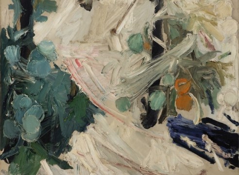 Manoucher Yektai, Tomato Plant, 1959, Oil on canvas, 42” x 48”,   signed and dated lower right SOLD. Abstract piece with vibrant paint strokes in hunter green, navy blue and cream. Manoucher Yektai is an Iranian Artist who studied in Iran, France and New York. He is part of the New York Abstract Expressionists and paints instinctively, which is why he has also claimed to be an Action Painter.