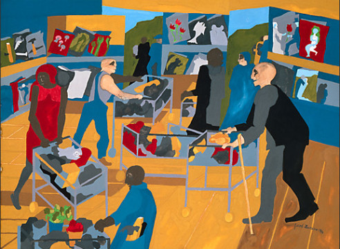 Supermarket - Periodicals, 1994 Gouache on paper 19 3/4 x 25 1/2 inches Signed and dated lower right Flat color figures in brown, red, blue and burnt orange. Jacob Lawrence was one of the most important artists of the 20th century, widely renowned for his modernist depictions of everyday life as well as epic narratives of African American history and historical figures.