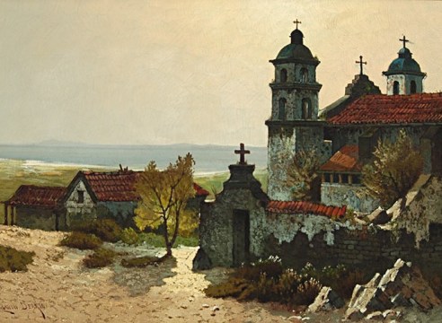 Edwin Deakin (1838-1923), Santa Barbara Mission and Gate with View to Channel, Circa 1880.