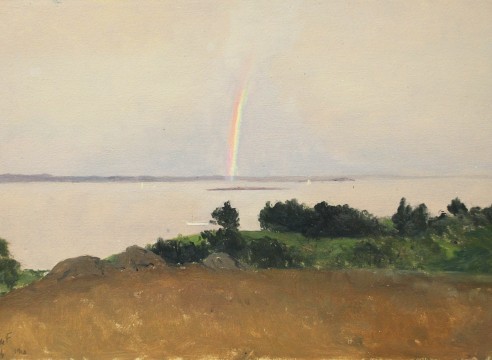 LOCKWOOD DE FOREST (1850-1932), Carmel Bay Pebble Beach Overlook, with Rainbow and Sailboats (Monterey), September 1910