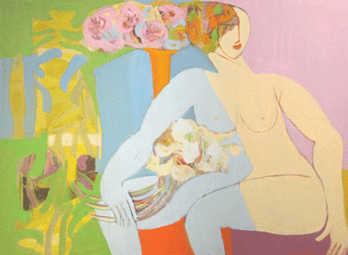 ANYA FISHER (1905-1992), Seated Female Nude (Half Blue & Half Flesh Tone) With Bouquet in Left Hand OR a Belle France, 