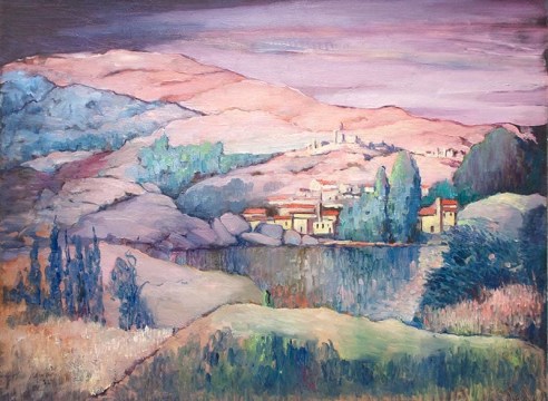 LEON DABO (1864-1960) , Red Landscape with Lake, 1952