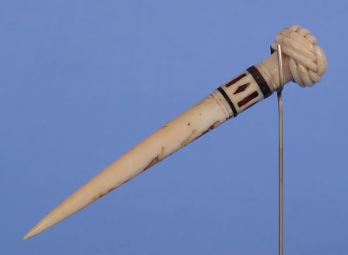 LARGE WHALE IVORY BODKIN with MONKEY FIST TOP, Mid-19th