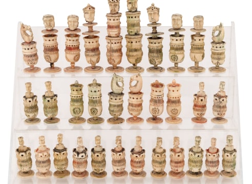 Carved Bone POW Chess Set with Heads and Faces Carved in detail, French/English, circa 1810
