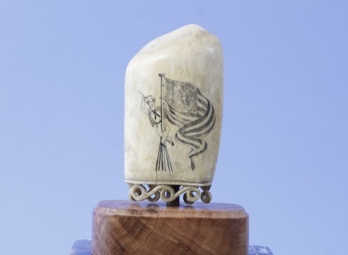 Scrimshaw Whales Tooth Depicting A Sailor and Miner Holding up a Inlaid Gold Nugget, American circa 1850