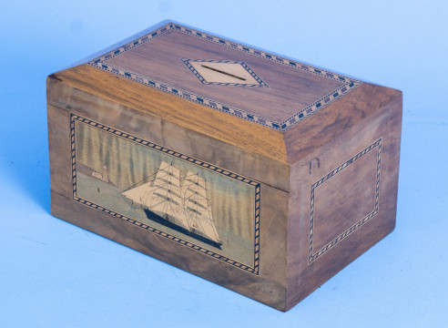 Turnbridge Inlaid Bank Box with Ship in Front and Designs around the Borders. English circa 1890