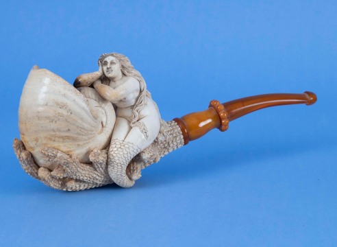 Large Meerschaum 19th Century Pipe with Mermaid and Nautilus Shell with Leather Case