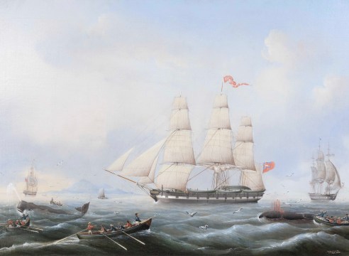 The Whaleship &quot;Krohprima Grin&quot; Whaling in the South Seas, signed and dated &quot;Carl J. Fedeler Pinx 1843&quot;