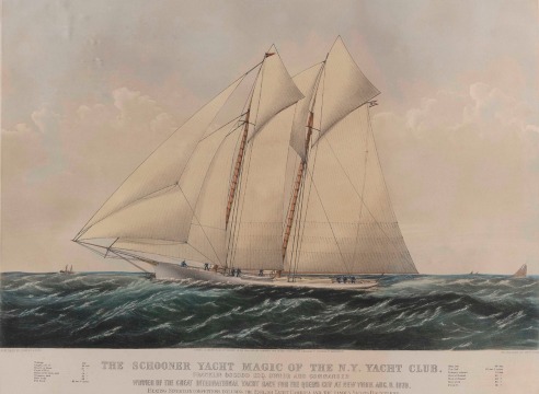 Currier and Ives Hand Colored Lithograph &quot;The Schooner Yacht Magic of the New York Yacht Club dated 1870,