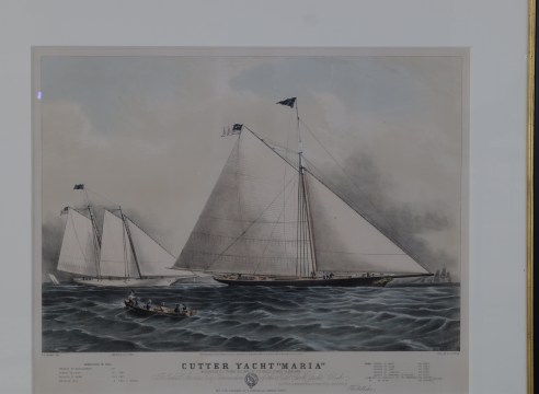 Hand colored Lithograph titled &quot;The Sloop Maria Racing the Schooner yacht America, May 1851&quot;, by Currier &amp; Ives.