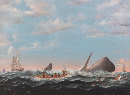 Oil on Canvas Attacking a Sperm Whale and a Stove Boat by Charles Sydney Raleigh signed and Dated &quot;CS Raleigh 1877&quot;.