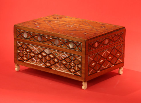 Outstanding Inlaid Sewing Box with fitted Interior with Removable Tray