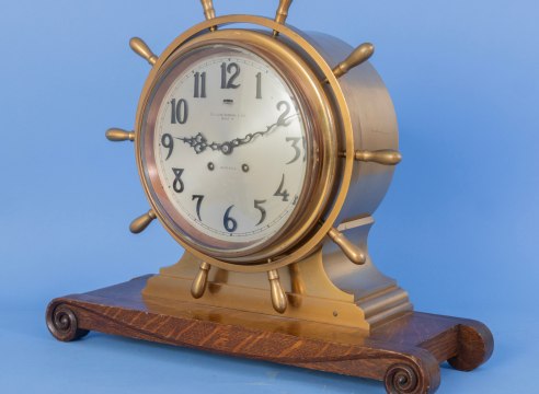 Possibly Unique Chelsea Ship Wheel Clock with 8 Inch Dial and Time &amp; Strike on Scroll Carved Oak Base, Movement #164736, 1919.