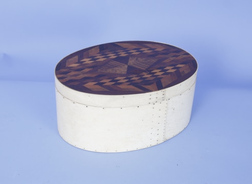 Exceptional Large Oval Whale Bone Ditty Box with Intricate Marquetry Top, American Mid-19th Century