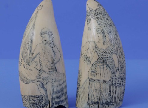 Pair of Scrimshaw Whales Teeth with engravings of &quot;Liberty&quot; and the &quot;King of the Sea,&quot; Attributed to Samuel W. Tenney, circa 1840