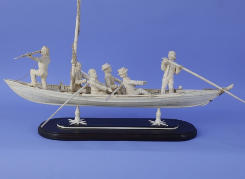 Whale Bone Model of a Crewed Whale Boat, probably American, late 19th/early 20th century WHALEBONE MODEL OF A MANNED WHALE BOAT with Plank-on-Frame Construction. and Highly Detailed Whaleman.