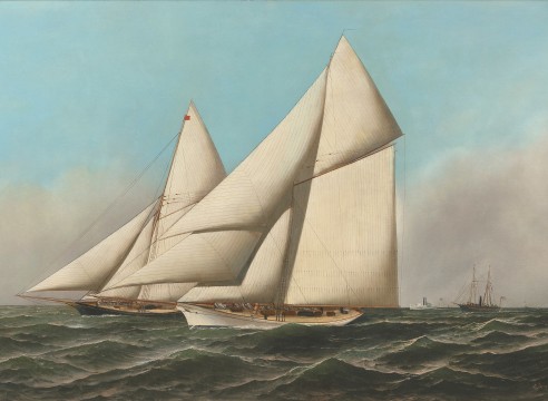 Oil on Canvas Depicting The 1887 America's Cup with Volunteer Vs. Thistle, Signed A. Jacobsen and dated 1887